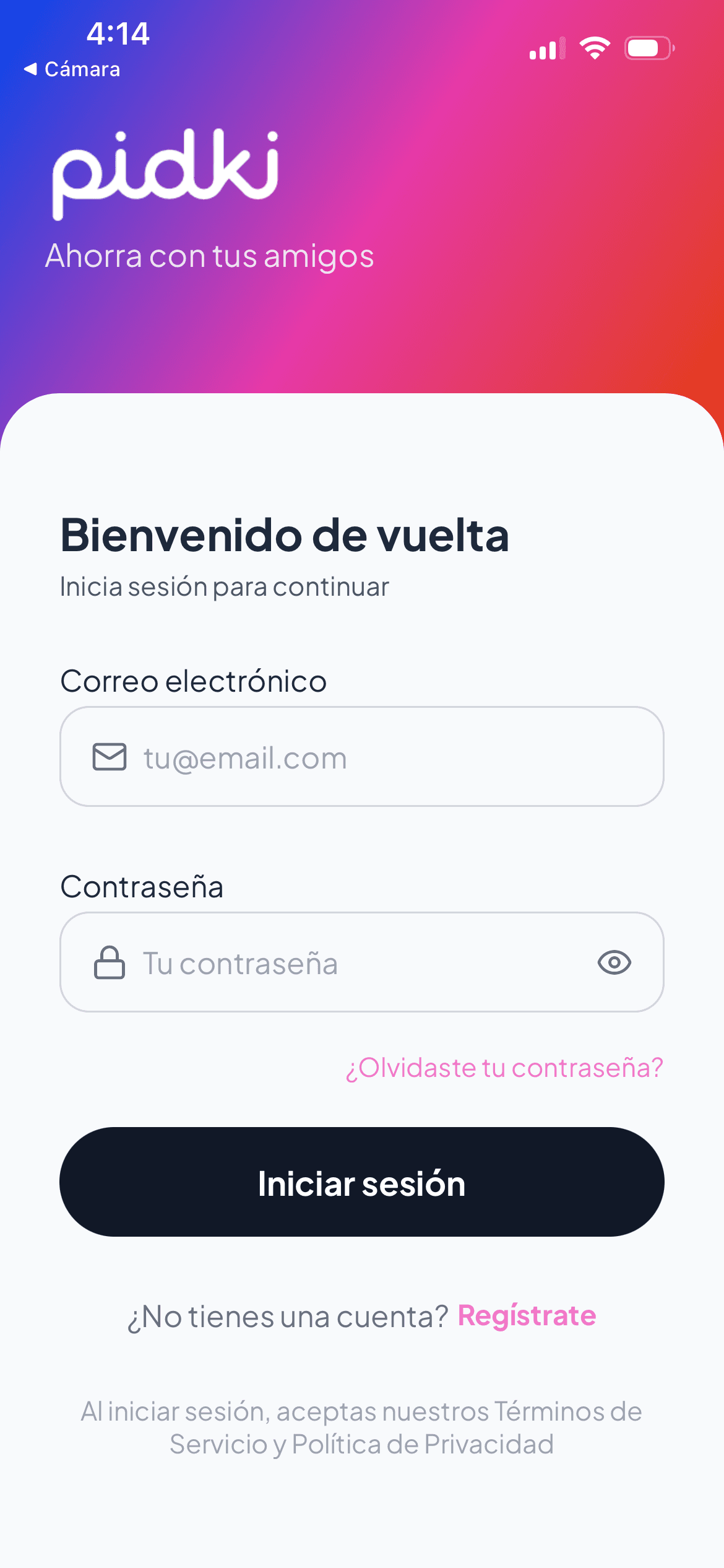 Vista de la aplicación Pidki